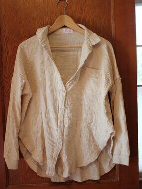 100% Cotton Textured Oversize Gauzy Button-down Coverup